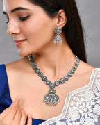 VOJ Dual Toned Oxidized Necklace With Earrings Set