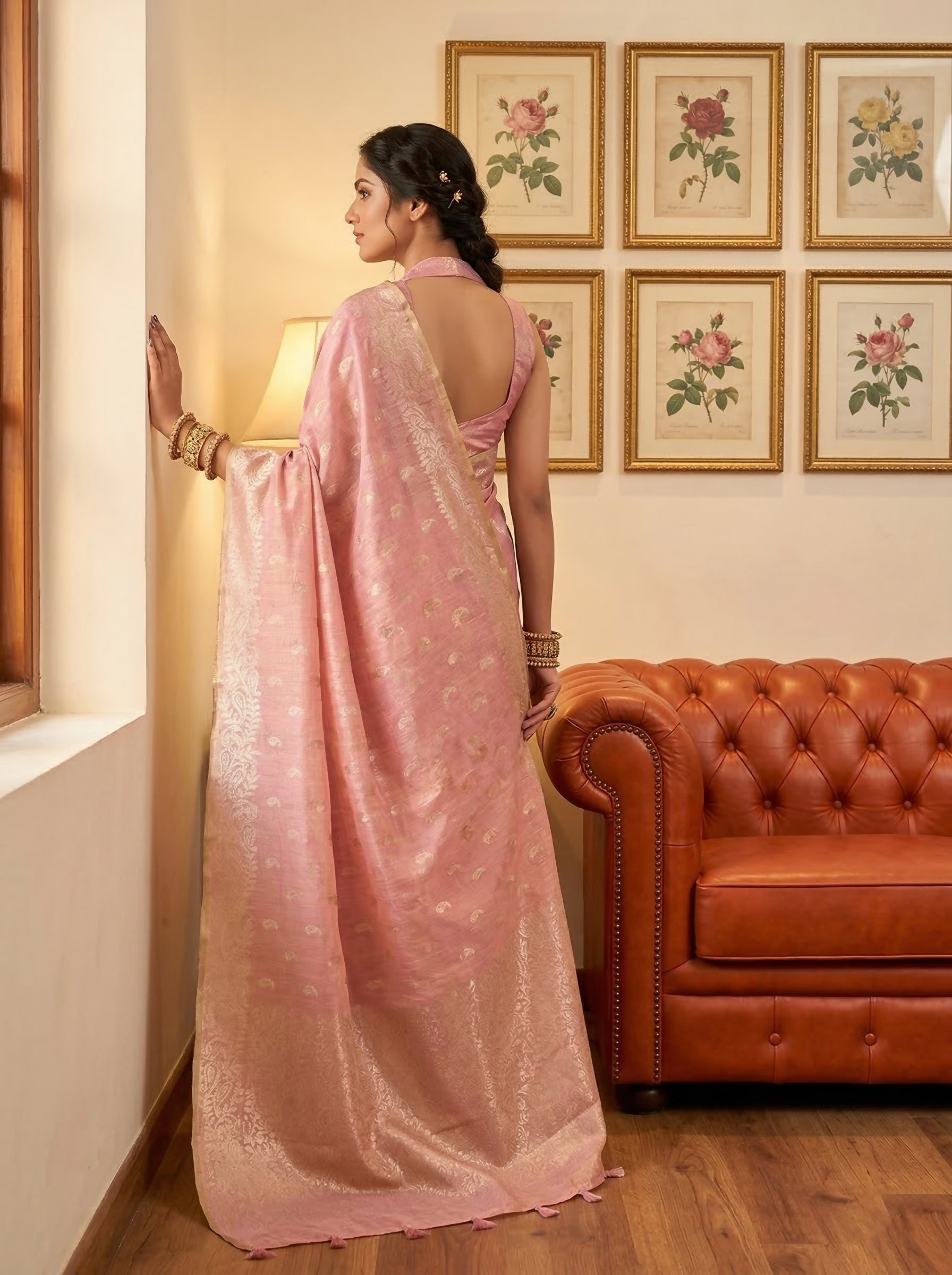 Shree Shyam Fashion Pink Tissue Silk Saree - Distacart