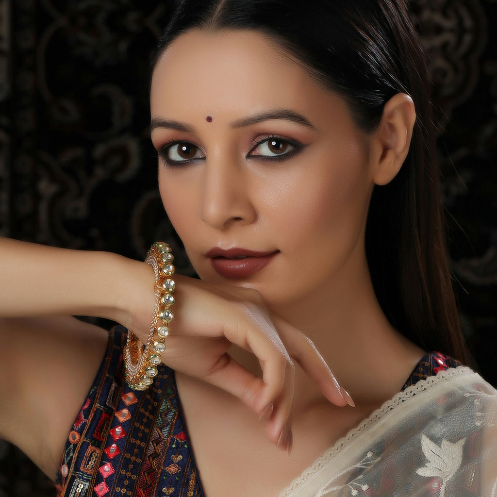 Kundan and Pearl Studded Bangle (Gold) - Ruby Raang - Distacart
