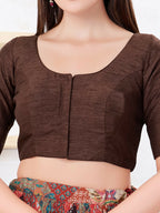 Joban Fashion Brown Dupion Silk Elbow Sleeveless Front Open Blouse