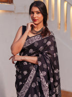 Zibaa Hand-Blocked Pure Mul Cotton Black Saree - Distacart