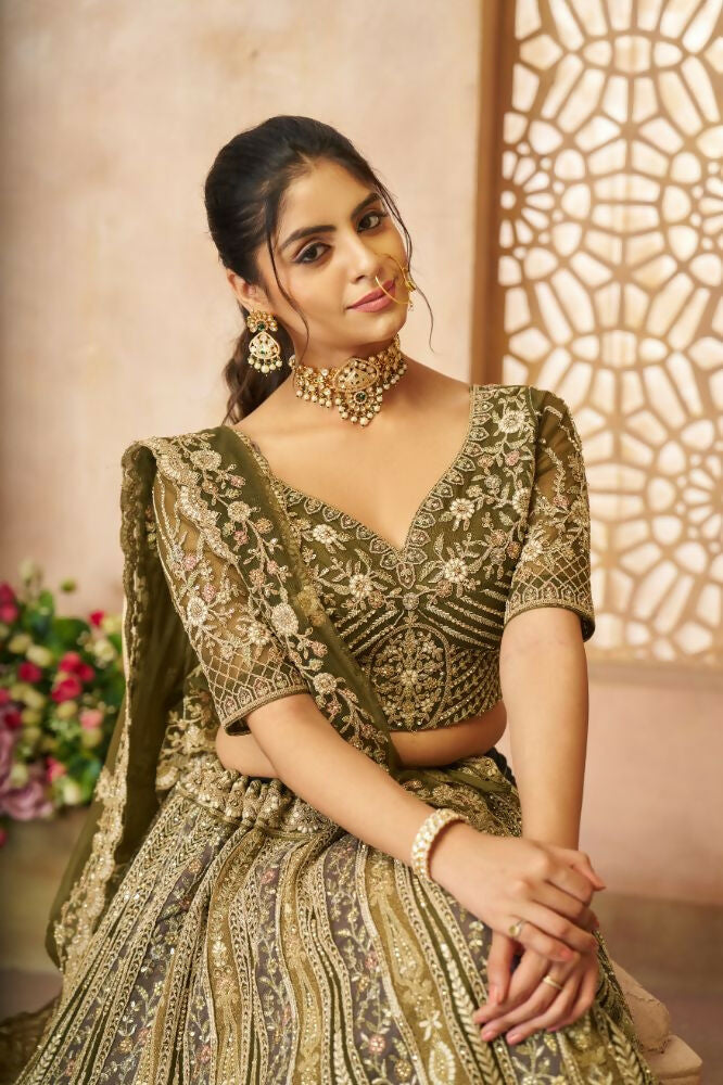 Kesar Fab Mehendi Net Hand_Woven Lehenga
