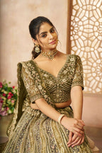 Kesar Fab Mehendi Net Hand_Woven Lehenga