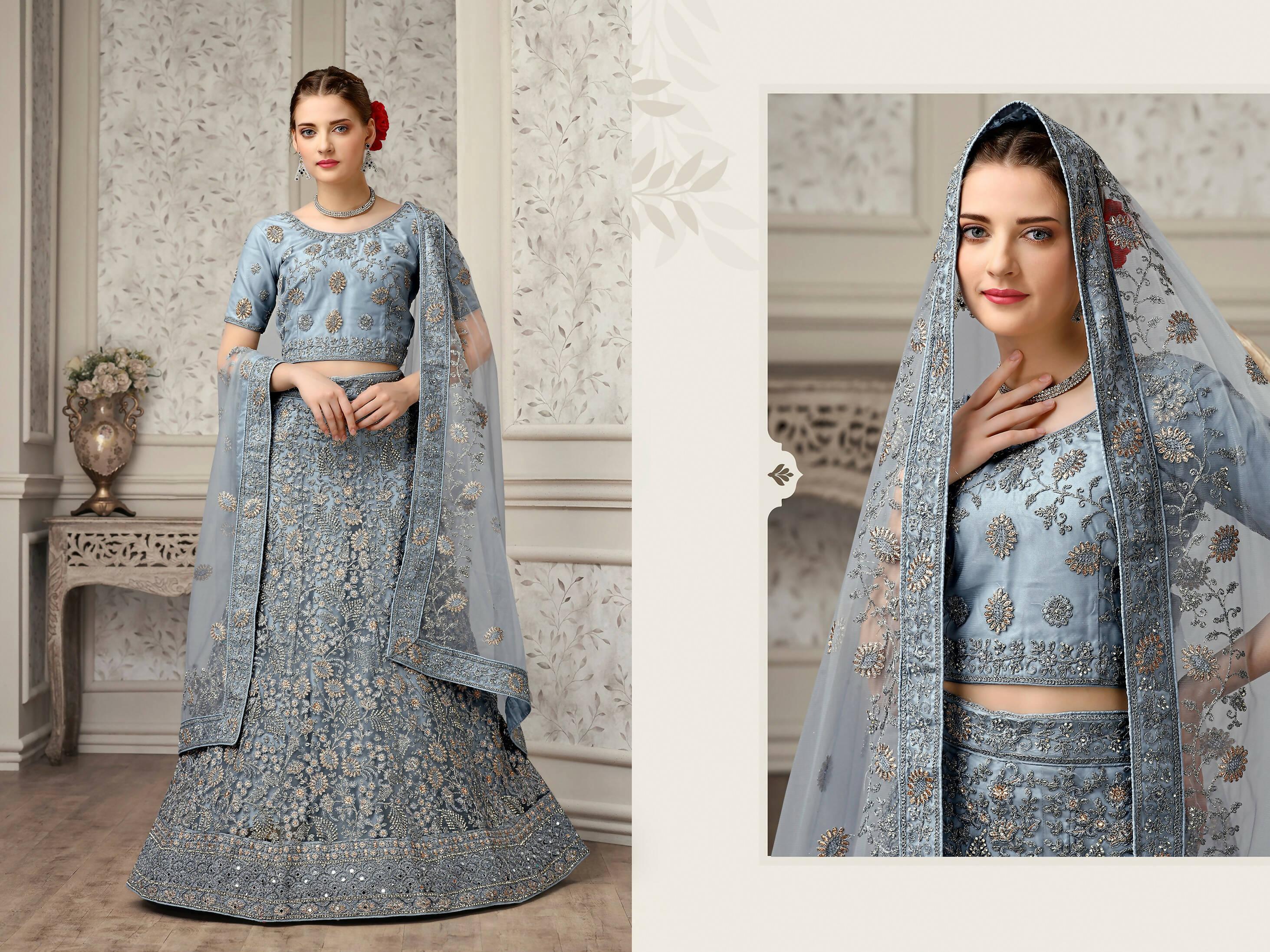 Grey Net Fancy Zari Embroidered work Lehenga Choli with Dupatta - Heer