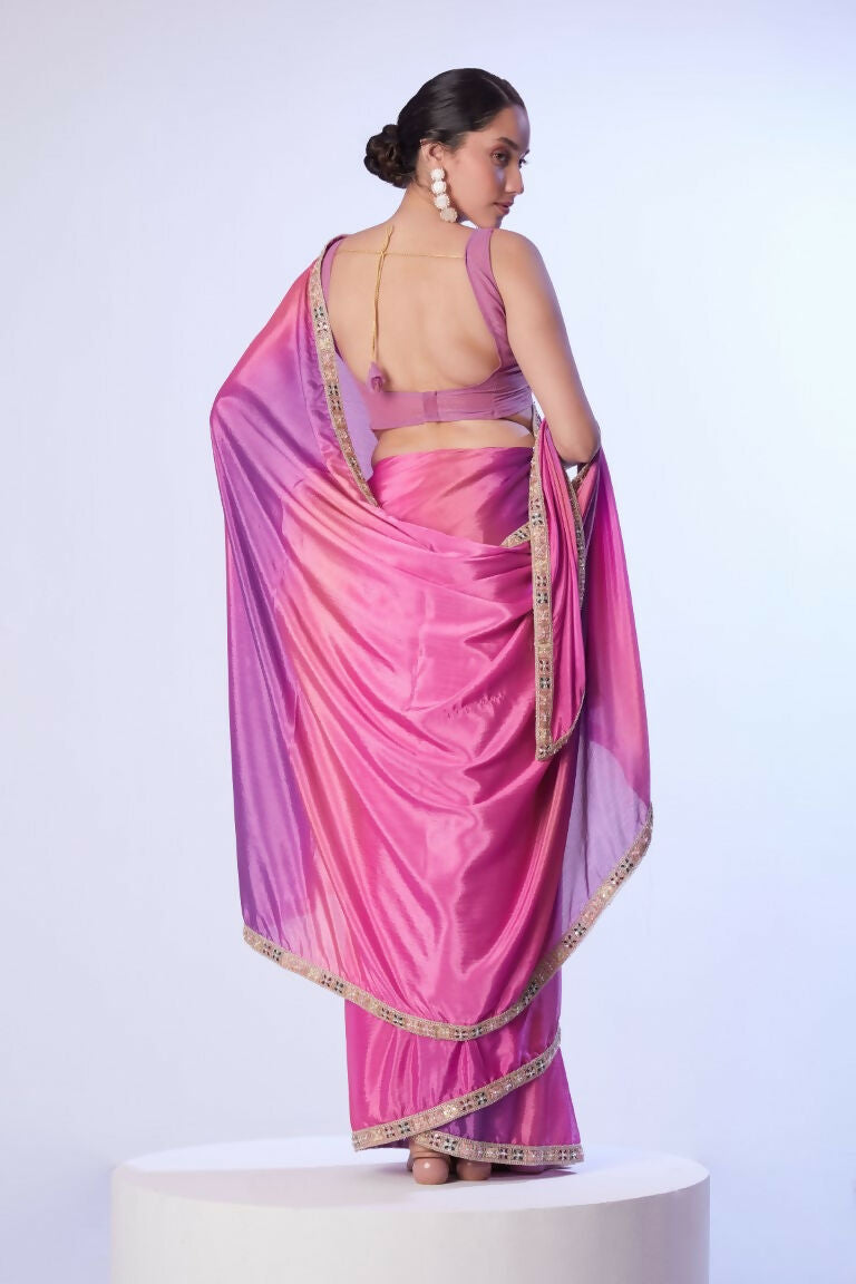 Pink Chinon Solid Designer & Lace Work Saree - Samaa