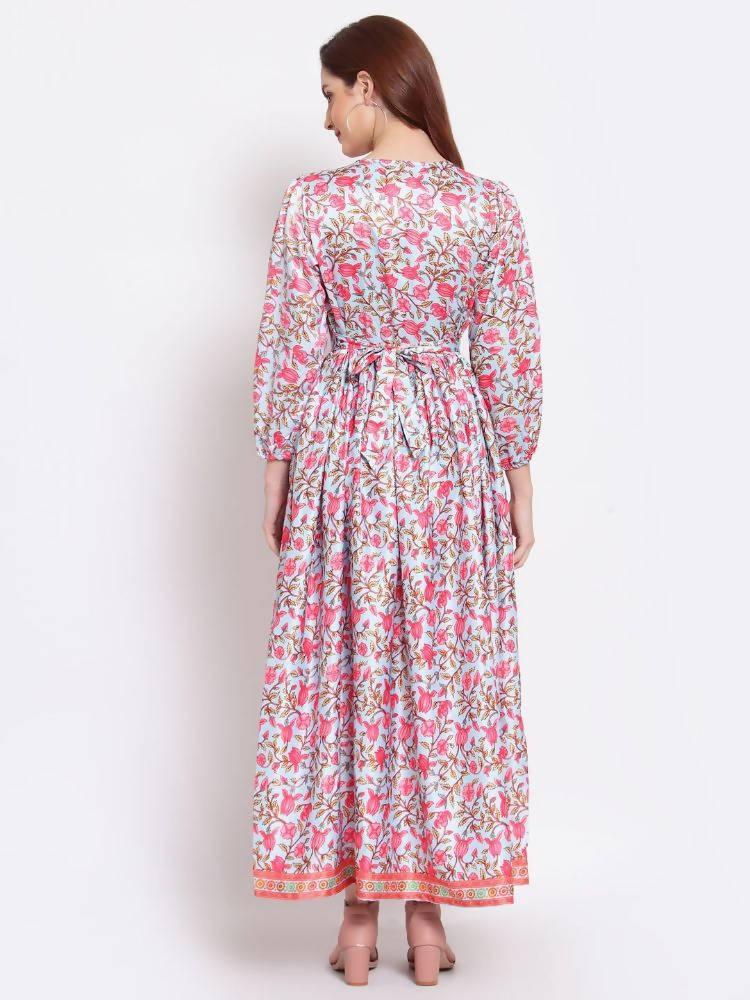 Myshka Women's Multi Printed Cotton Blend 3/4 Sleeve V Neck Casual Dress