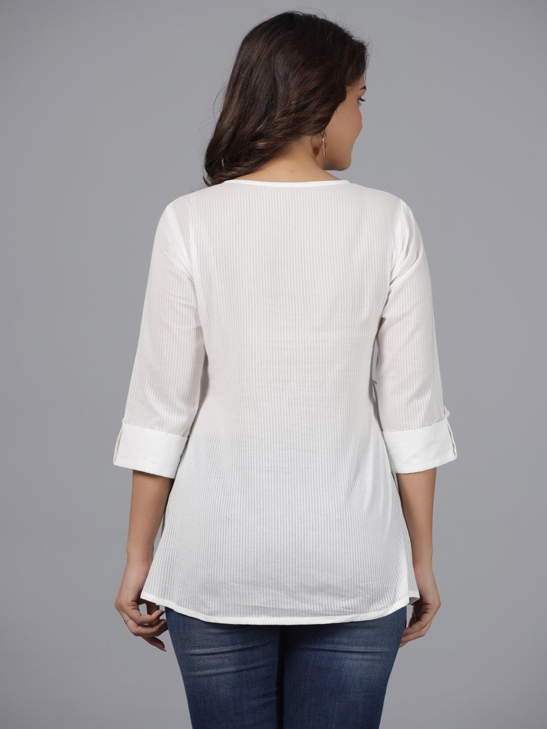 Juniper Women's White Geometric Cotton Dobby Tunic With Mirror Work Embroidery.