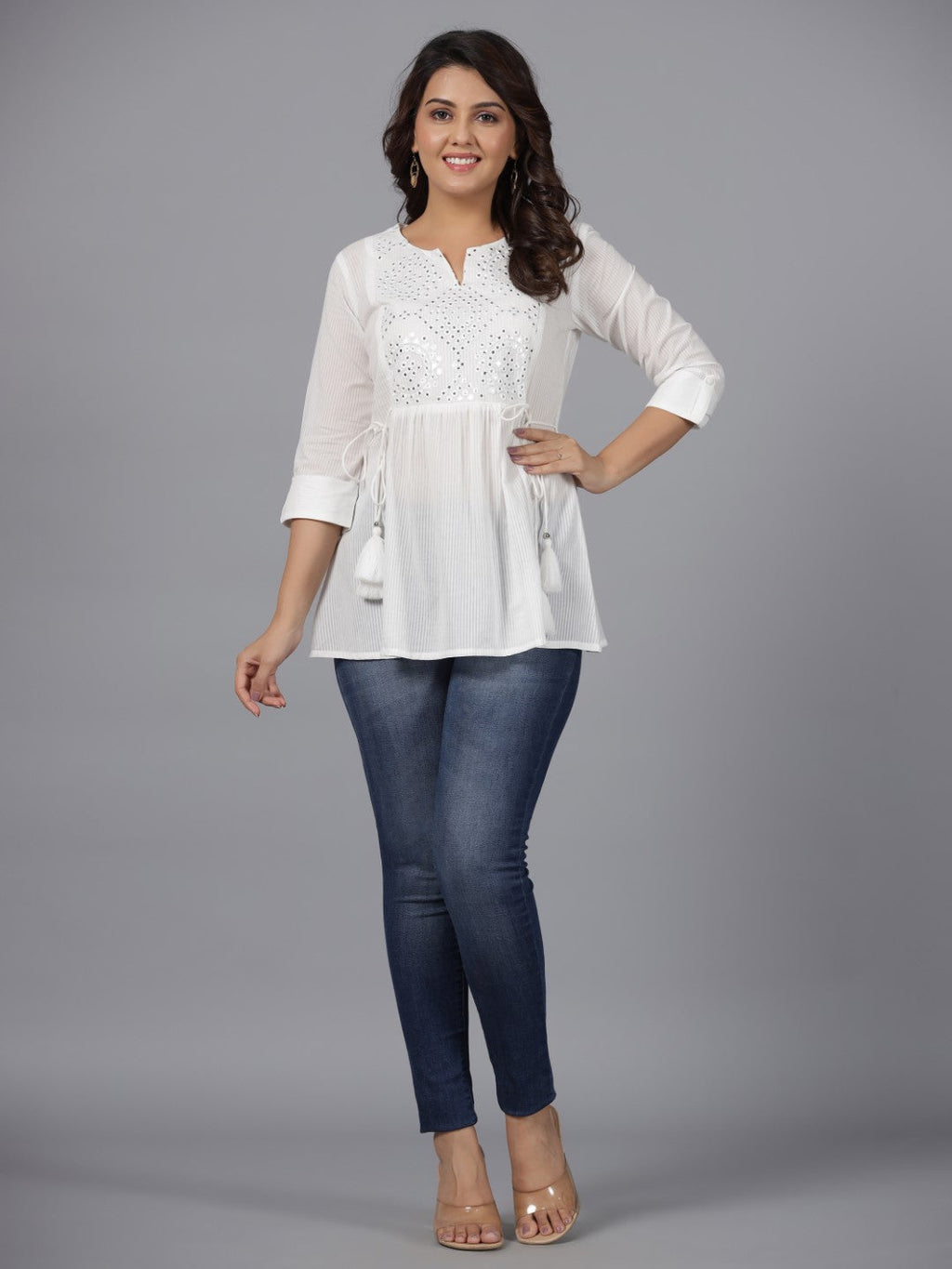 Juniper Women's White Geometric Cotton Dobby Tunic With Mirror Work Embroidery.