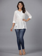 Juniper Women's White Geometric Cotton Dobby Tunic With Mirror Work Embroidery.