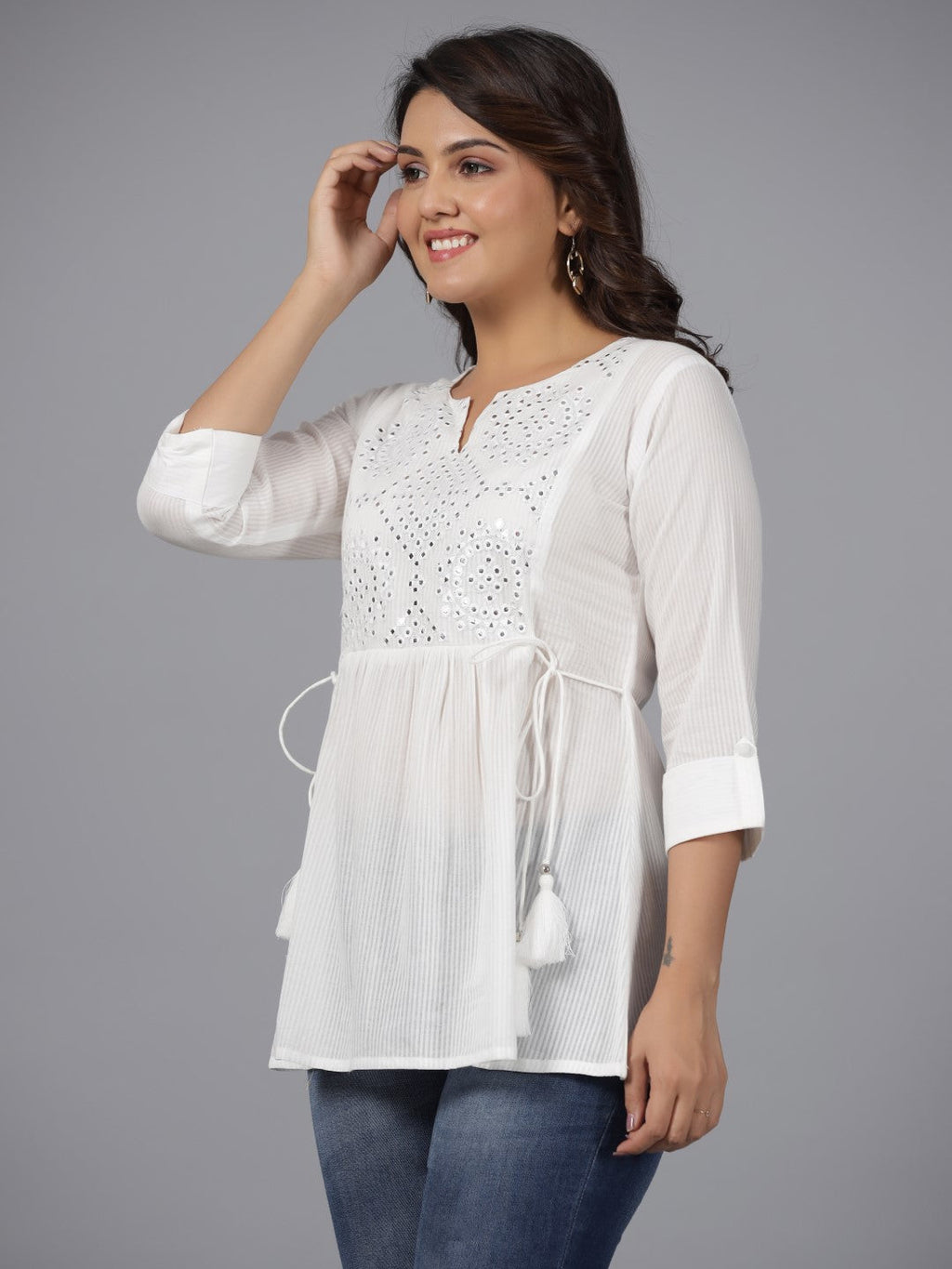 Juniper Women's White Geometric Cotton Dobby Tunic With Mirror Work Embroidery.