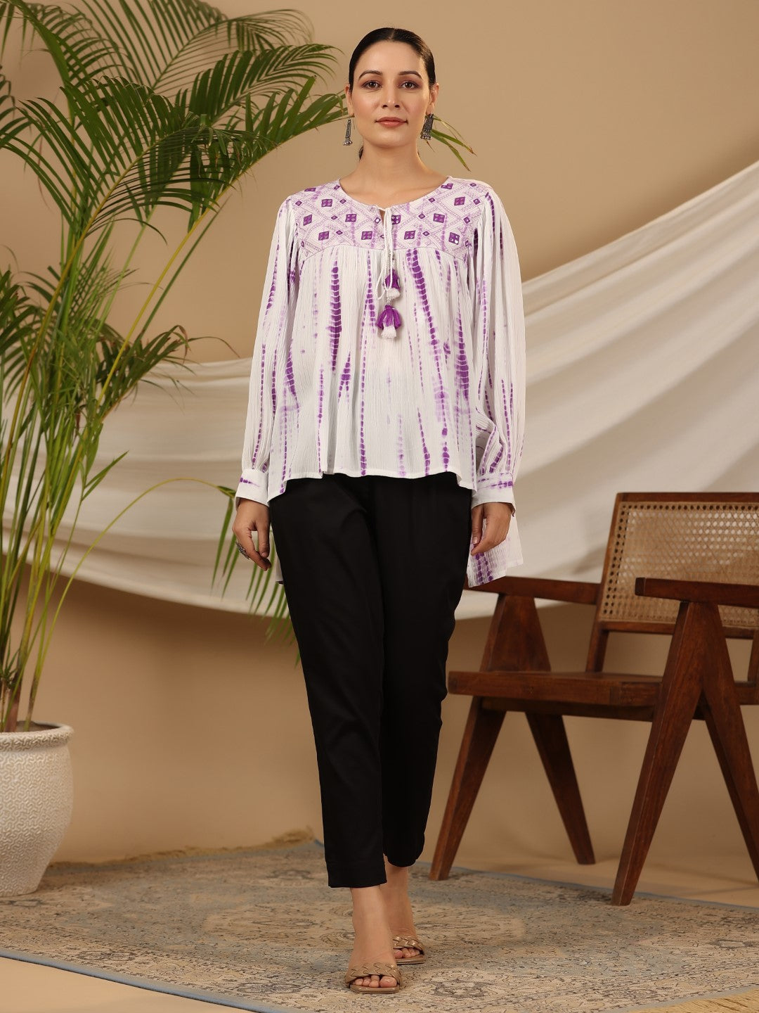 Juniper Women's Lavender Mirror Embroidered Rayon Crepe Tie-Dye Tunic With Tassels