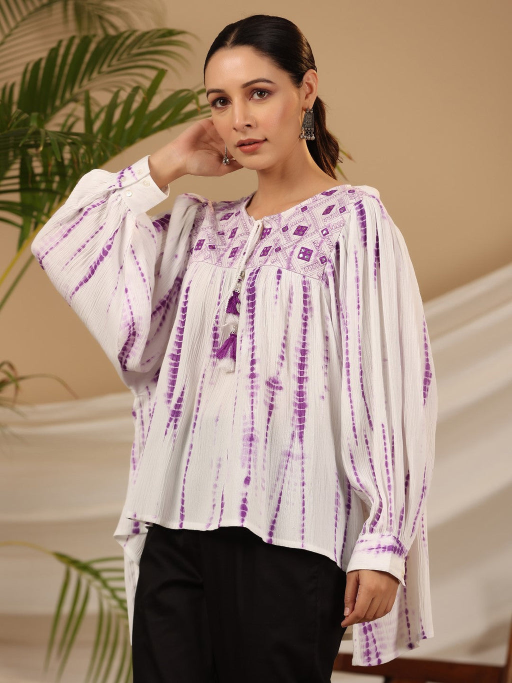Juniper Women's Lavender Mirror Embroidered Rayon Crepe Tie-Dye Tunic With Tassels