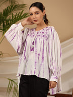 Juniper Women's Lavender Mirror Embroidered Rayon Crepe Tie-Dye Tunic With Tassels