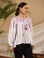 Juniper Women's Lavender Mirror Embroidered Rayon Crepe Tie-Dye Tunic With Tassels
