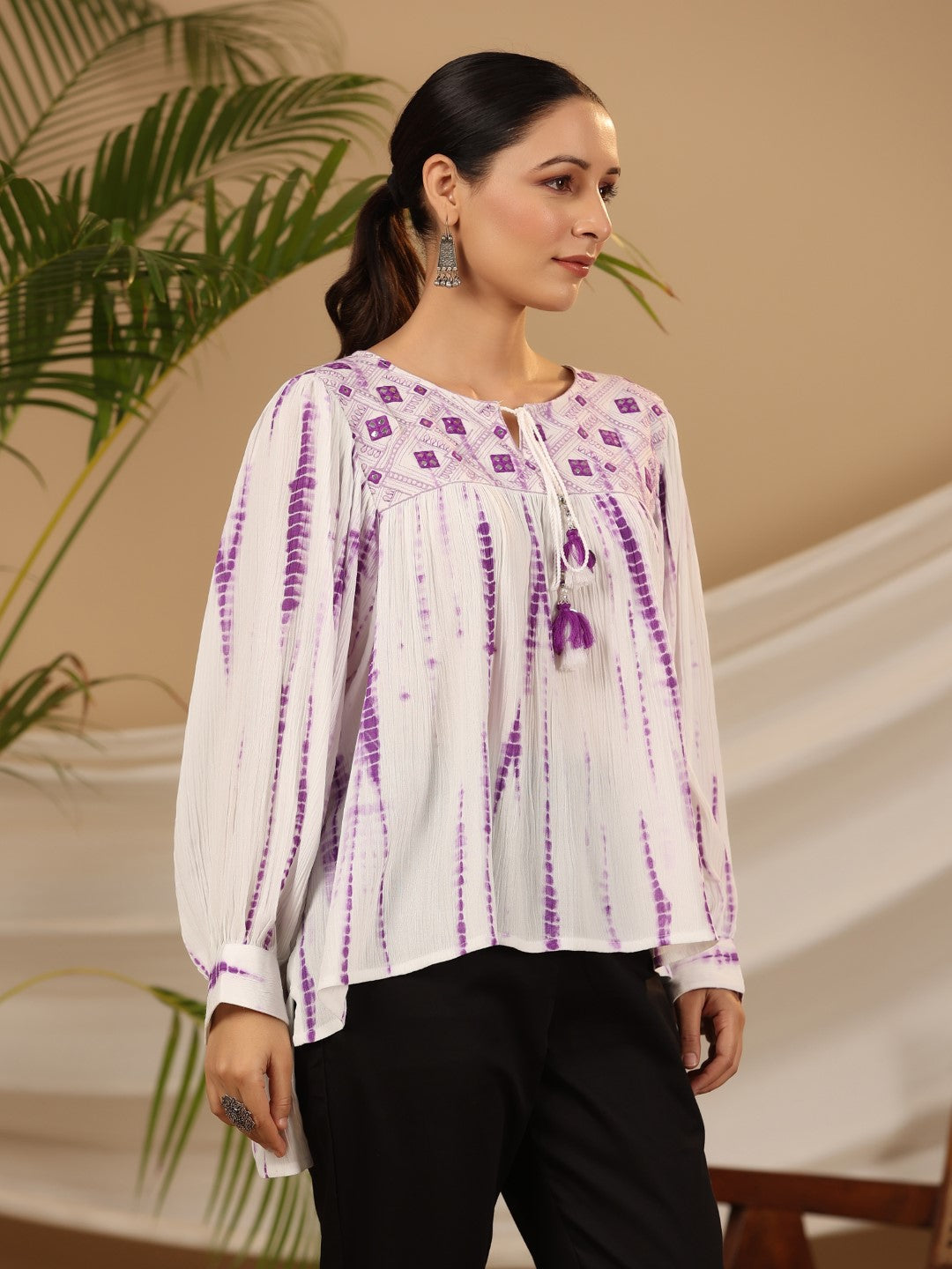 Juniper Women's Lavender Mirror Embroidered Rayon Crepe Tie-Dye Tunic With Tassels