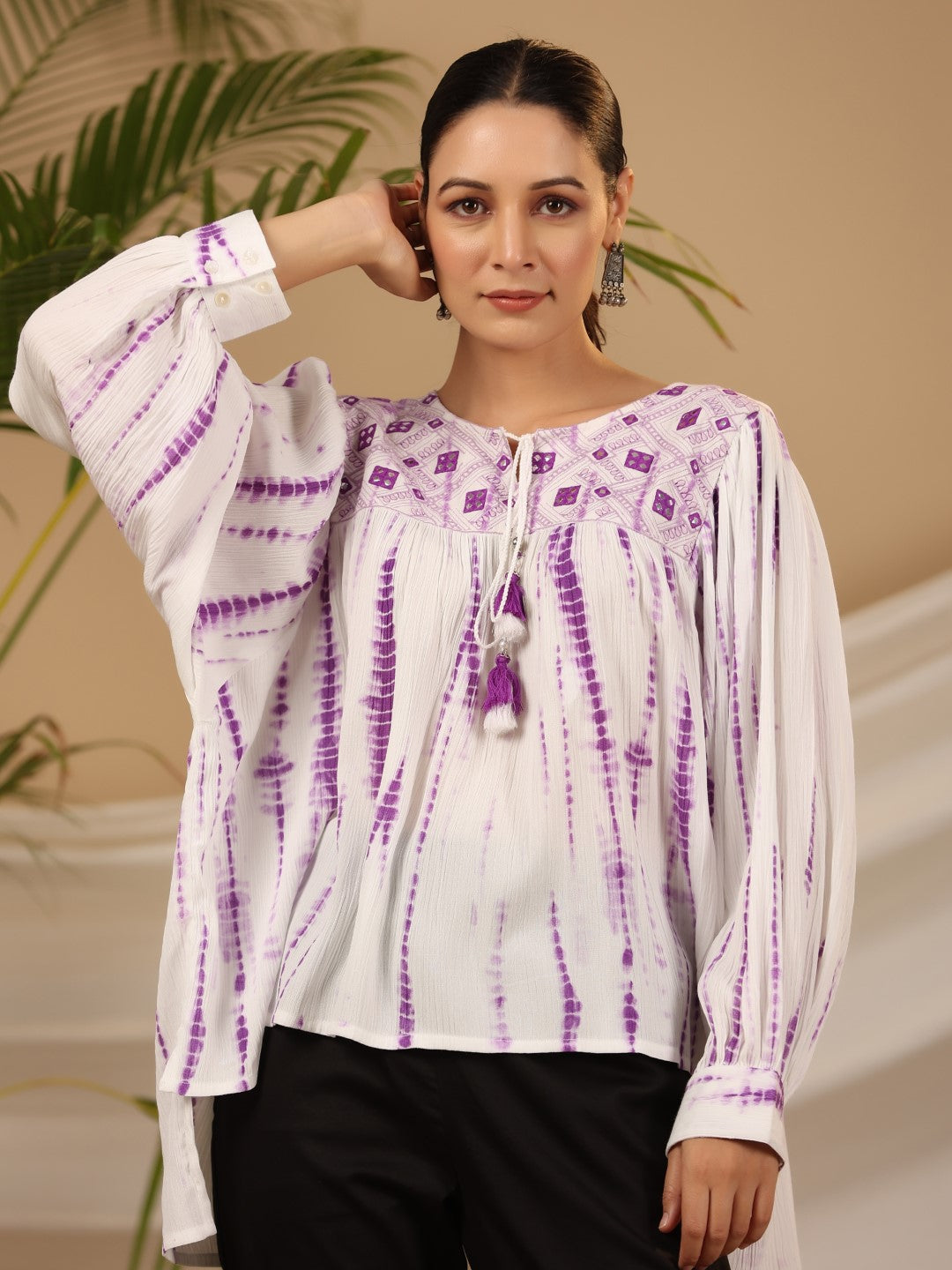 Juniper Women's Lavender Mirror Embroidered Rayon Crepe Tie-Dye Tunic With Tassels
