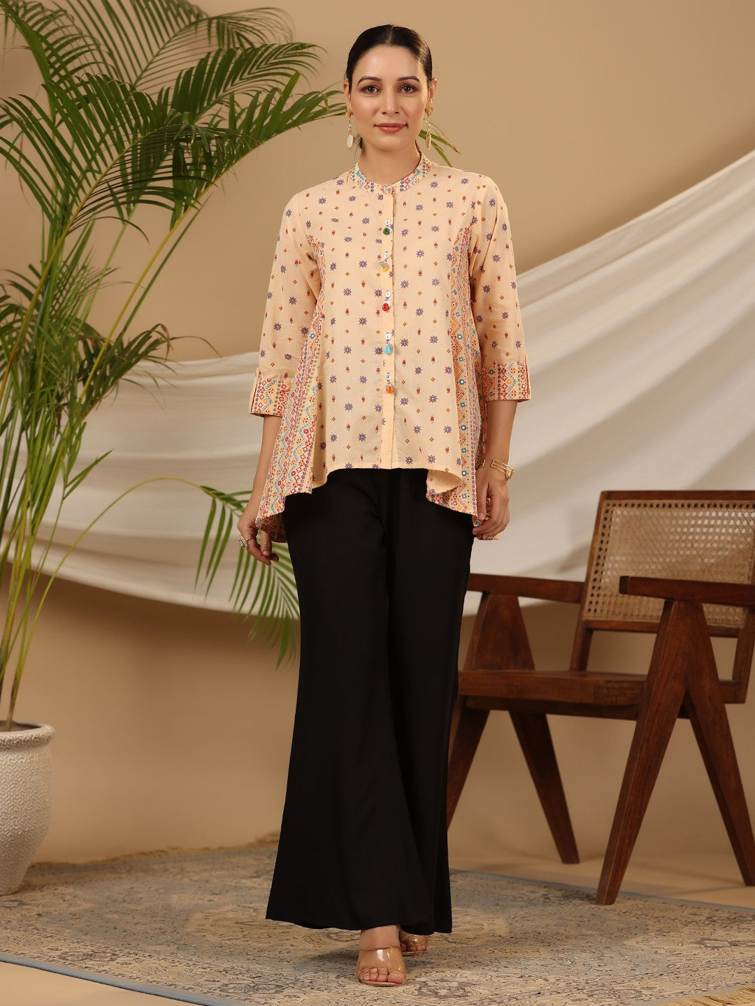 Juniper Women's Peach Tribal Printed Pure Cotton Tunic With Beads Work