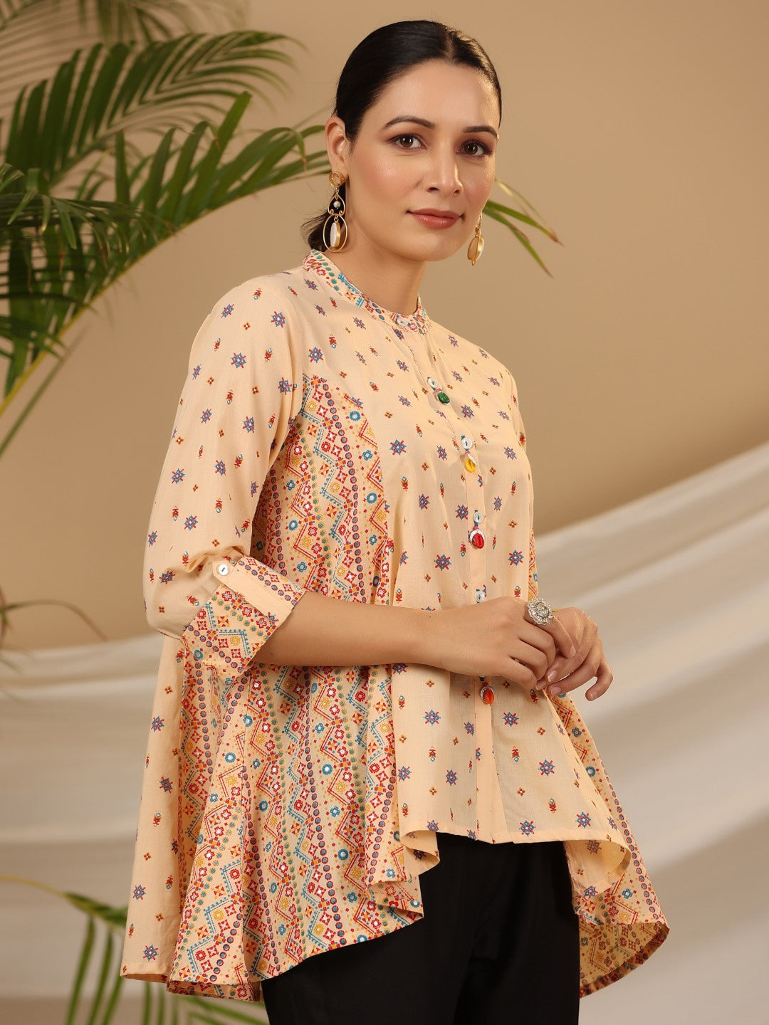 Juniper Women's Peach Tribal Printed Pure Cotton Tunic With Beads Work