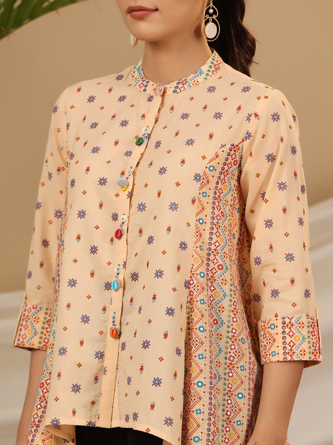Juniper Women's Peach Tribal Printed Pure Cotton Tunic With Beads Work