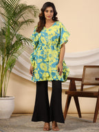 Juniper Turquoise Floral Printed Cotton Dobby Kaftan Tunic