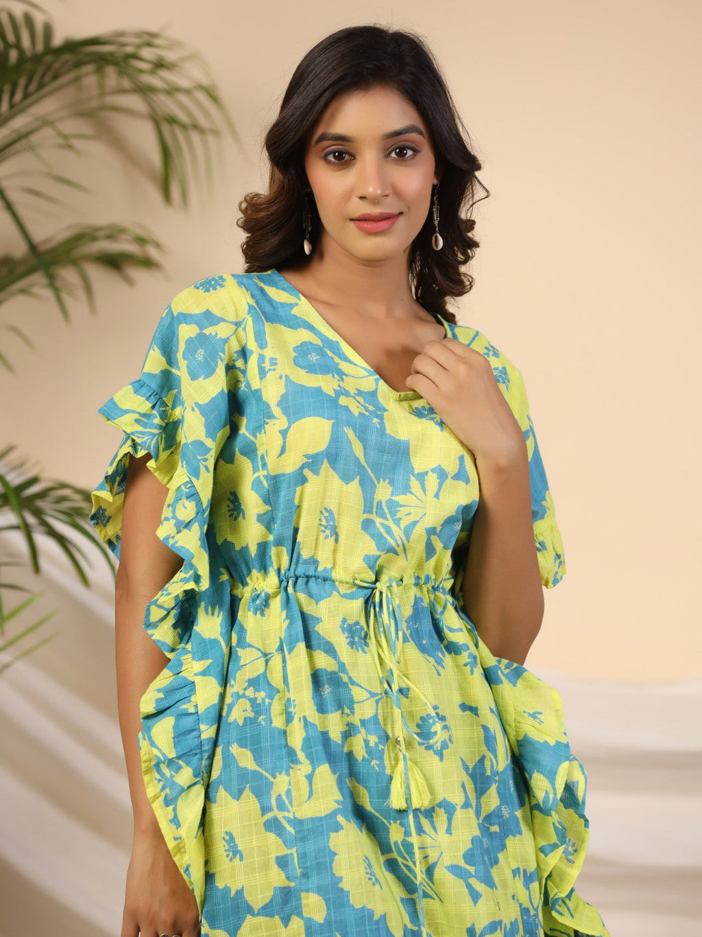 Juniper Turquoise Floral Printed Cotton Dobby Kaftan Tunic