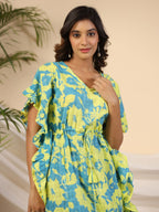 Juniper Turquoise Floral Printed Cotton Dobby Kaftan Tunic