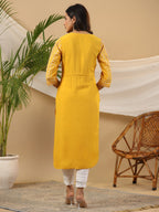 Juniper The Madhubala Women Mustard Geometric Printed Rayon Kurta With Contrast Beadwork Sequins & Tassels - Distacart