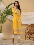Juniper The Madhubala Women Mustard Geometric Printed Rayon Kurta With Contrast Beadwork Sequins & Tassels - Distacart