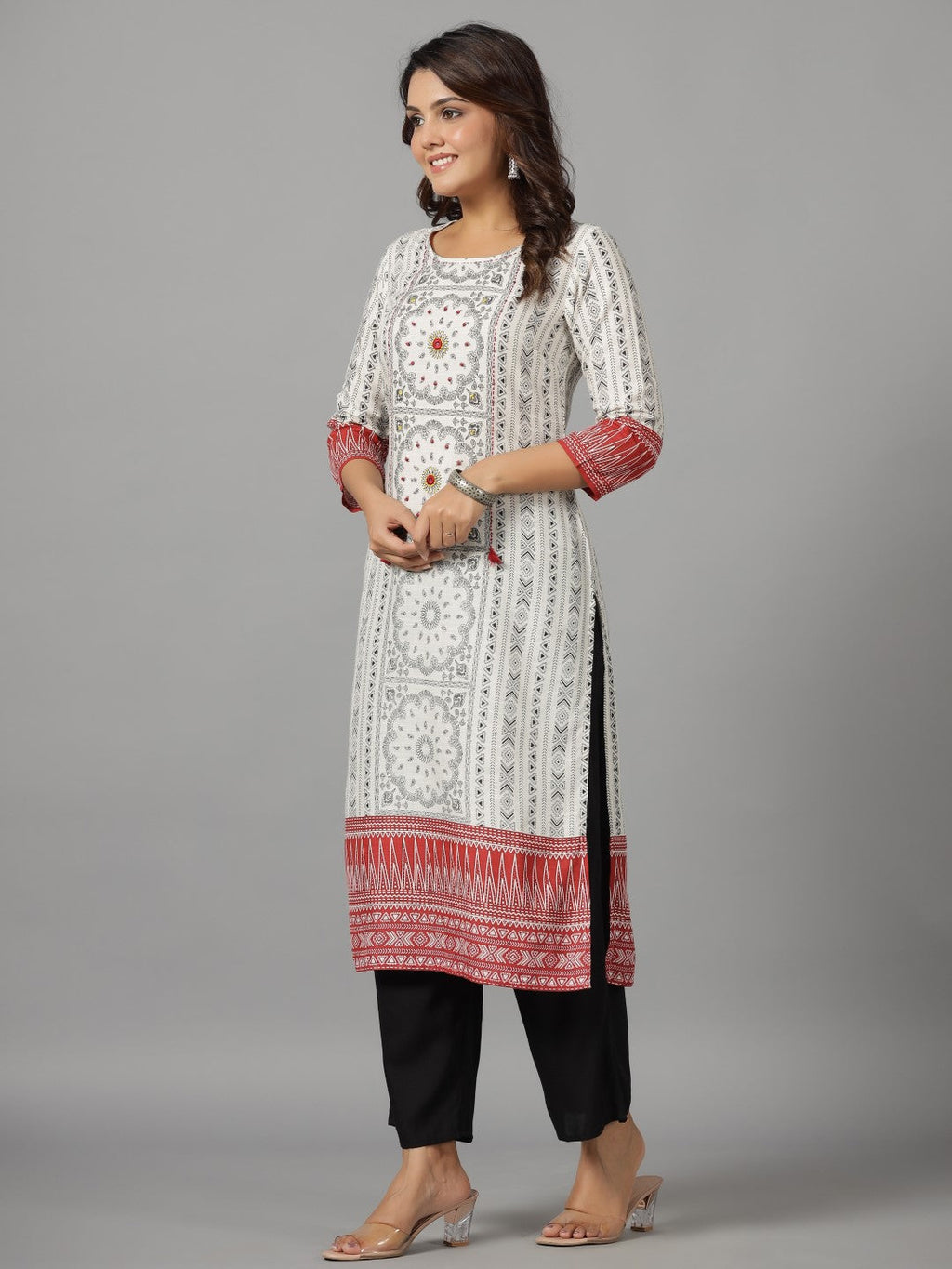 Juniper Women's White Ethnic Motif Printed Rayon Slub Kurta With Beads & Sequins