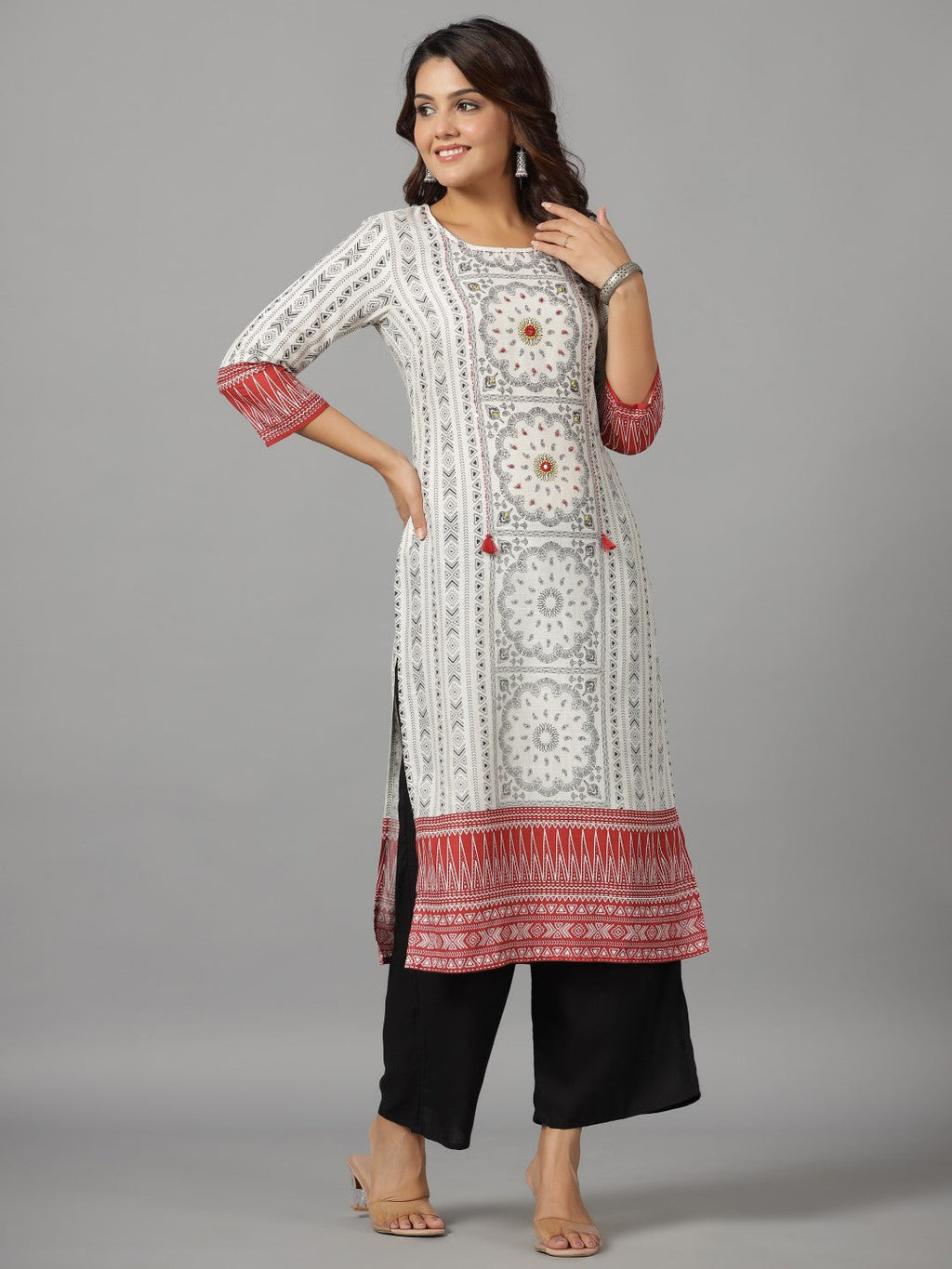 Juniper Women's White Ethnic Motif Printed Rayon Slub Kurta With Beads & Sequins