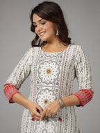Juniper Women's White Ethnic Motif Printed Rayon Slub Kurta With Beads & Sequins