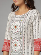 Juniper Women's White Ethnic Motif Printed Rayon Slub Kurta With Beads & Sequins