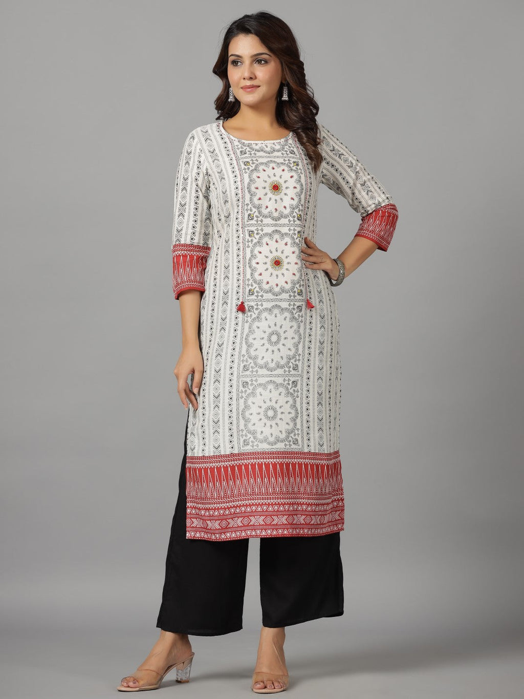 Juniper Women's White Ethnic Motif Printed Rayon Slub Kurta With Beads & Sequins