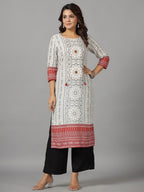 Juniper Women's White Ethnic Motif Printed Rayon Slub Kurta With Beads & Sequins
