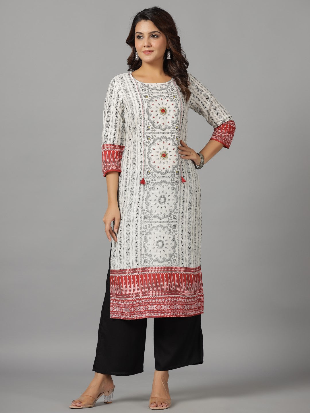 Juniper Women's White Ethnic Motif Printed Rayon Slub Kurta With Beads & Sequins