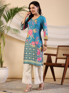 Juniper Women's Blue Rayon Floral Printed Straight Kurta