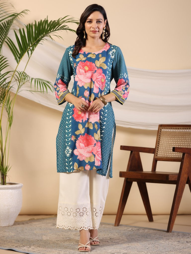 Juniper Women's Blue Rayon Floral Printed Straight Kurta