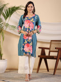 Juniper Women's Blue Rayon Floral Printed Straight Kurta