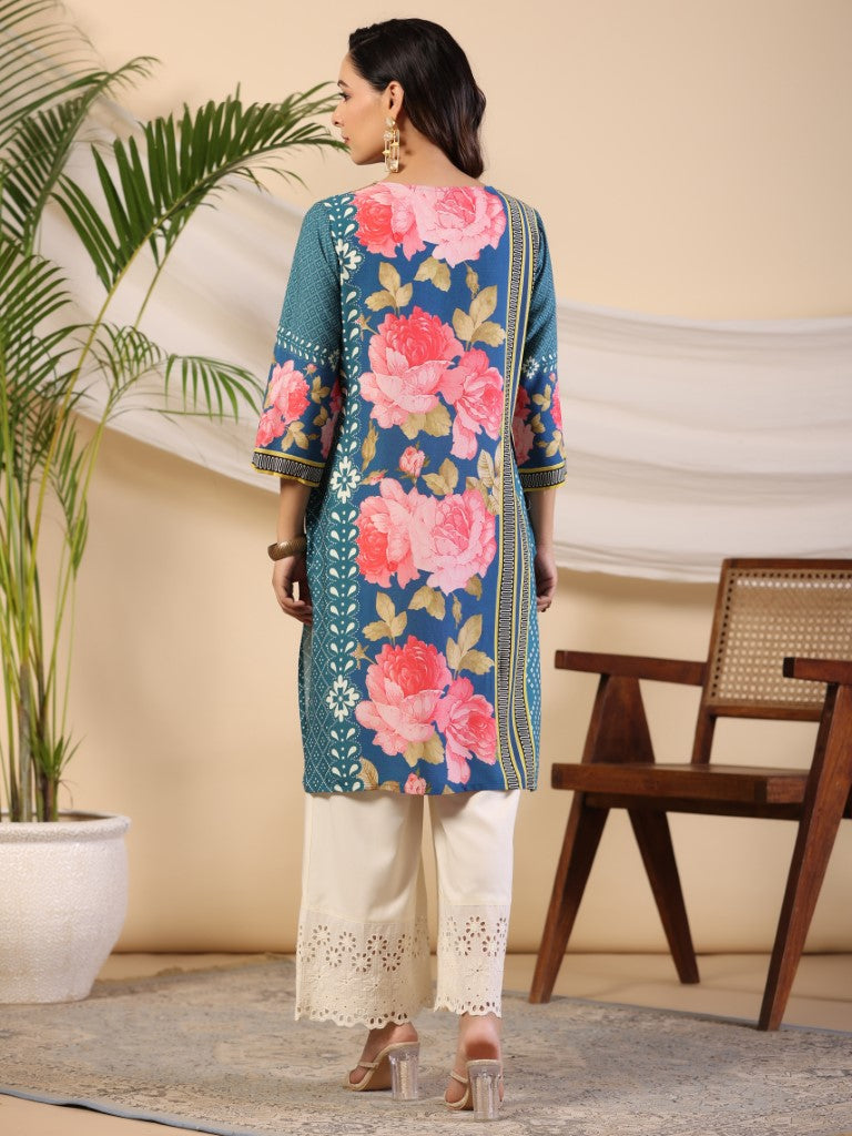 Juniper Women's Blue Rayon Floral Printed Straight Kurta