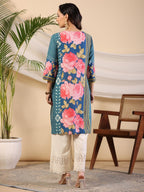 Juniper Women's Blue Rayon Floral Printed Straight Kurta
