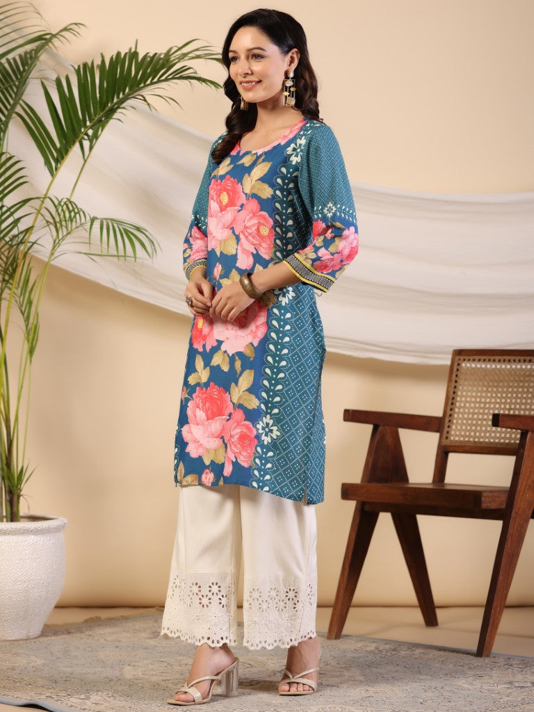 Juniper Women's Blue Rayon Floral Printed Straight Kurta
