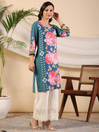 Juniper Women's Blue Rayon Floral Printed Straight Kurta