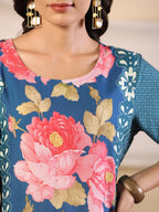 Juniper Women's Blue Rayon Floral Printed Straight Kurta