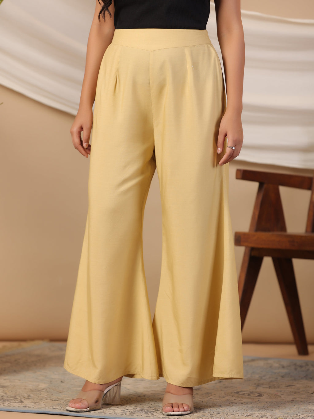 Juniper Beige Modal Rayon Women Partially Elasticated Bell Bottom Pants With Single Side Pocket