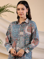 Juniper The Ornamental Blooms Women Silk Floral Printed Blue Shirt With Pants Co-Ord Set