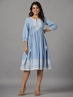 Juniper Women's Sky Blue Ethnic Motif Printed Pure Cotton Dress With Beads & Sequins Work - Distacart