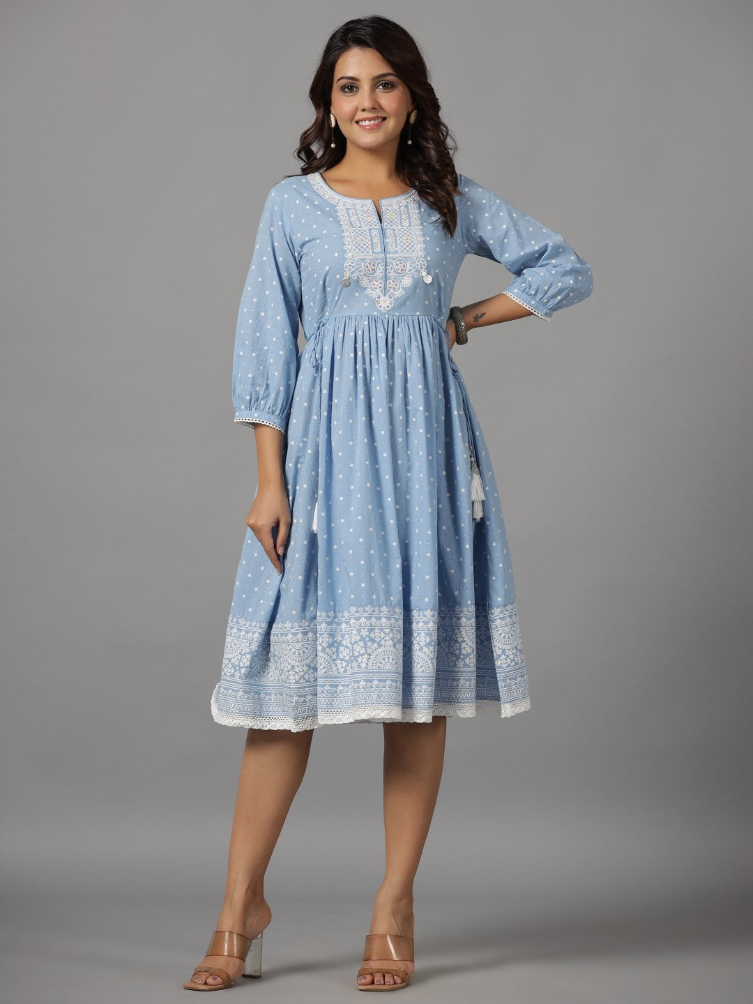 Juniper Women's Sky Blue Ethnic Motif Printed Pure Cotton Dress With Beads & Sequins Work - Distacart