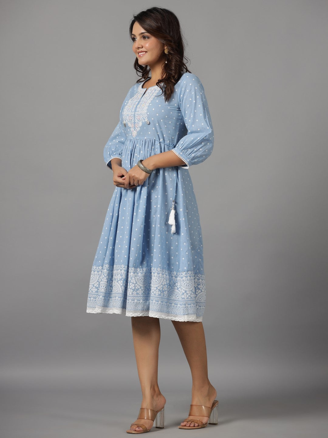 Juniper Women's Sky Blue Ethnic Motif Printed Pure Cotton Dress With Beads & Sequins Work - Distacart