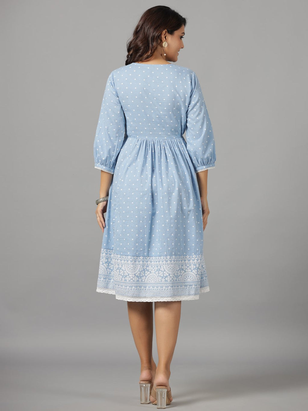 Juniper Women's Sky Blue Ethnic Motif Printed Pure Cotton Dress With Beads & Sequins Work - Distacart