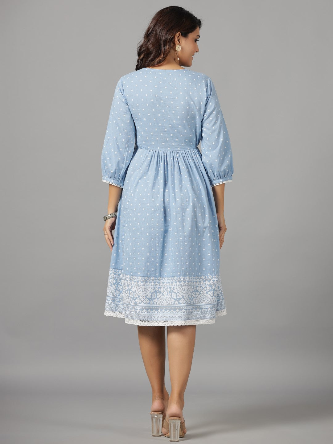 Juniper Women's Sky Blue Ethnic Motif Printed Pure Cotton Dress With Beads & Sequins Work - Distacart